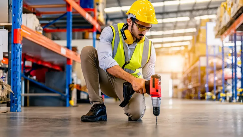 Pallet Rack Installation (engineer drills floor) hero view in Lynn, MA
