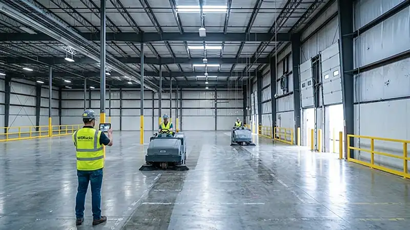 Industrial floor sweeper cleaning warehouse floor.