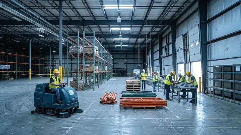 Warehouse equipment being dismantled for enterprise facility decommissioning.
