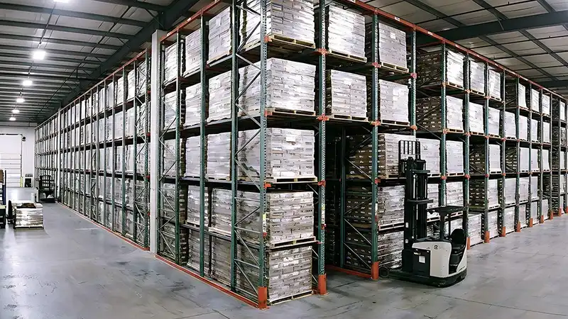 Close up view of a drive-in rack structure.