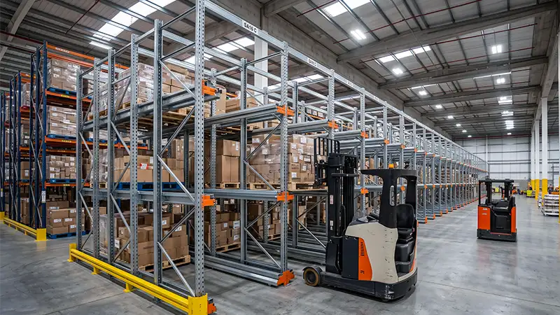 drive-through pallet racking organized against a warehouse wall.