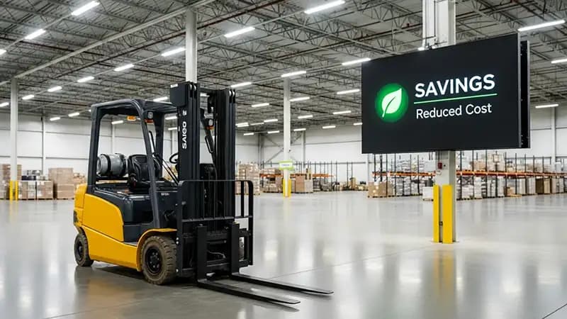 forklift sitting in warehouse with a large Savings sign