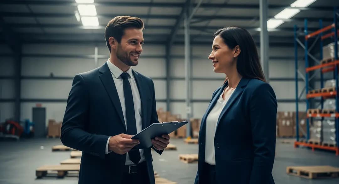 Banker explains financing options to warehouse manager