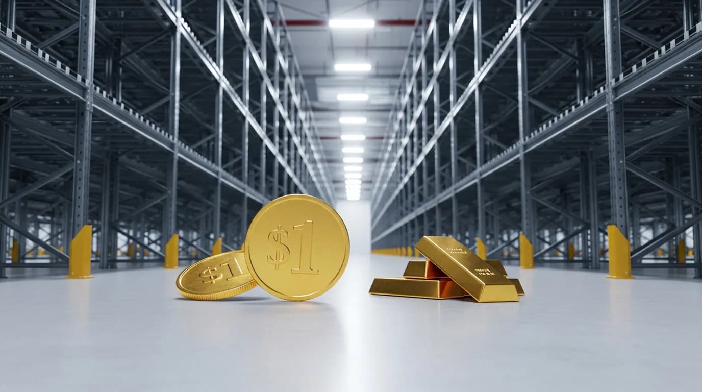 gold coins and bars sitting on a warehouse floor with pallet racking
