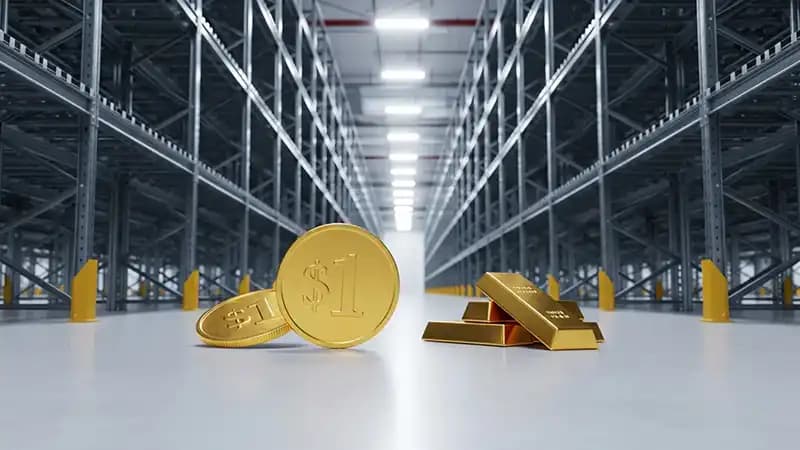 gold coins and bars sitting on a warehouse floor with pallet racking