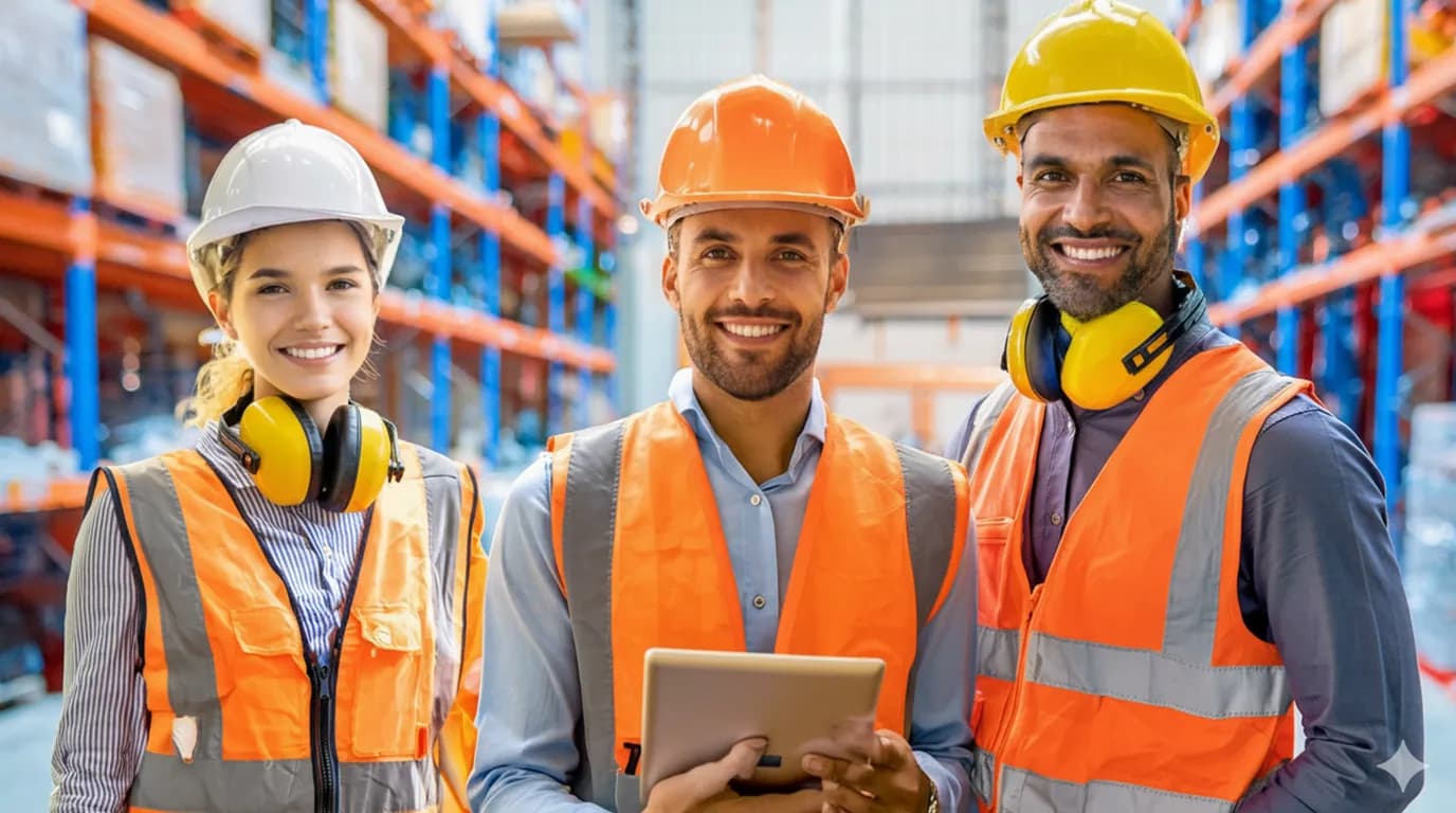 Modern warehouse with forklifts and organized pallet racks.