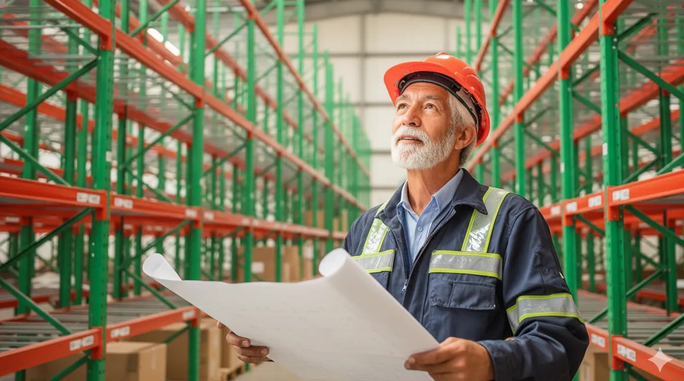 Engineer inspecting pallet rack system with a tablet.