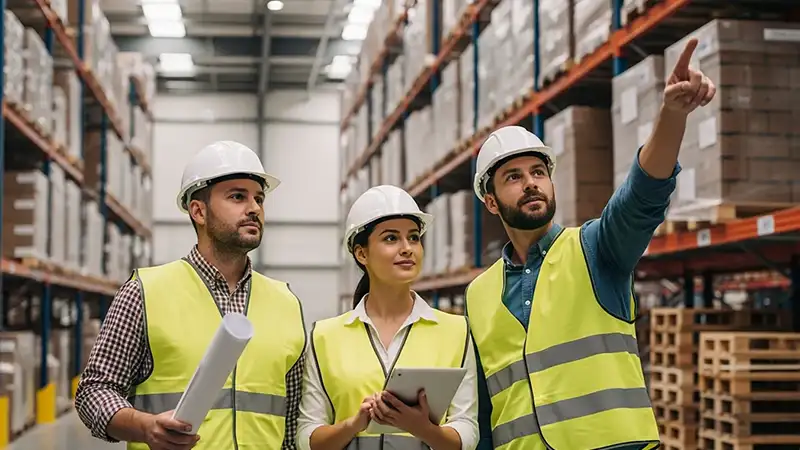 inspectors review pallet racking inside a warehouse