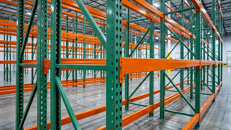 teardrop pallet racking organized against a warehouse wall.