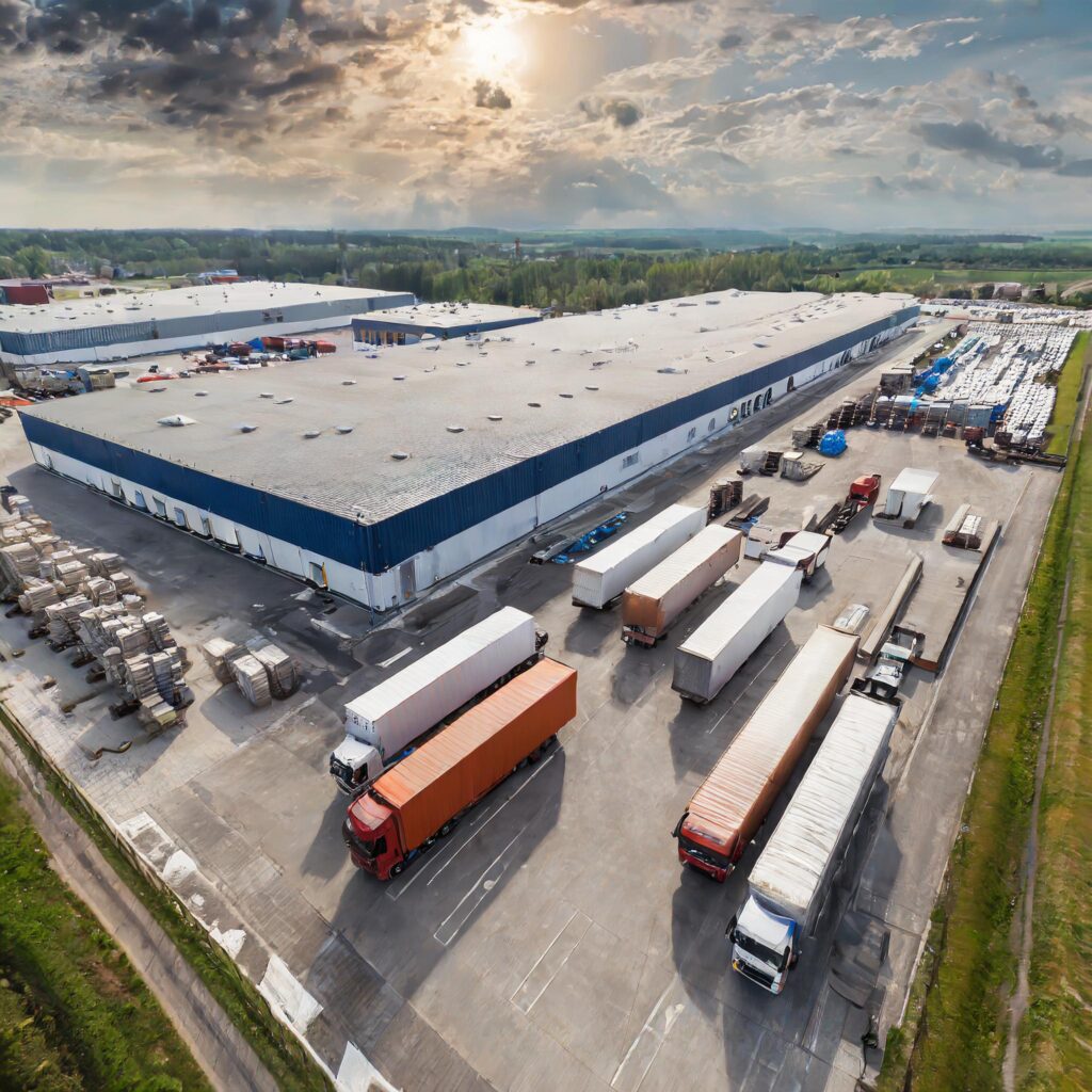 busy logistics hub with lots of trucks waiting to deliver