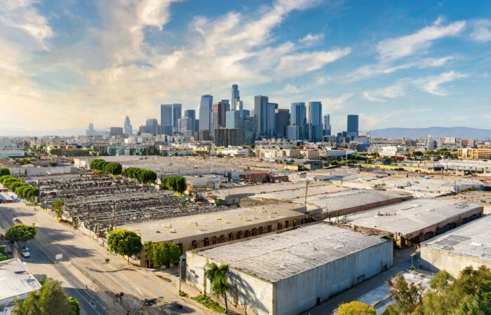 los angeles skyline on a sunny day showing warehouses