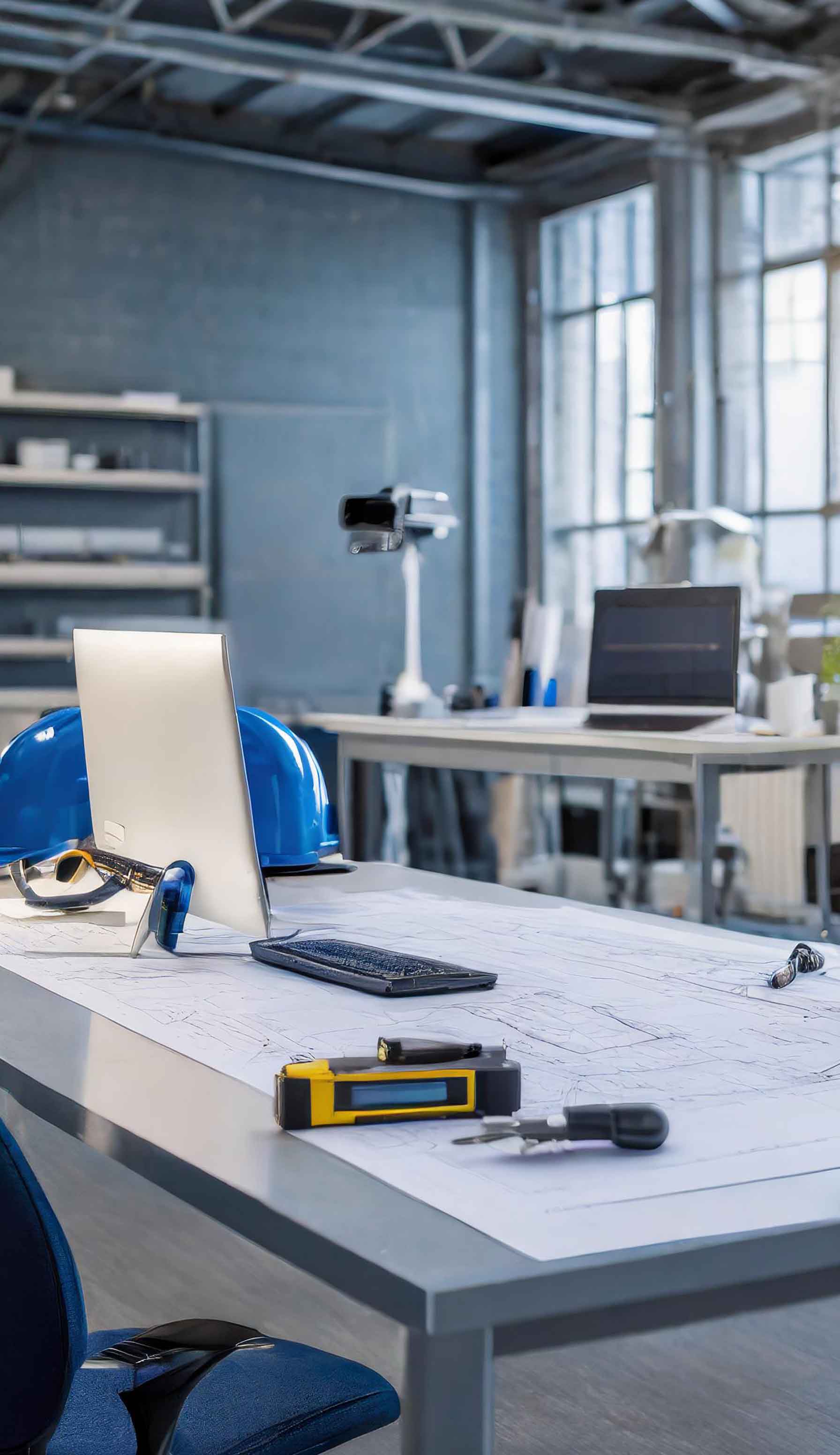 wdracks.com high-pile-permit blueprint on a desk next to a computer and tape measure