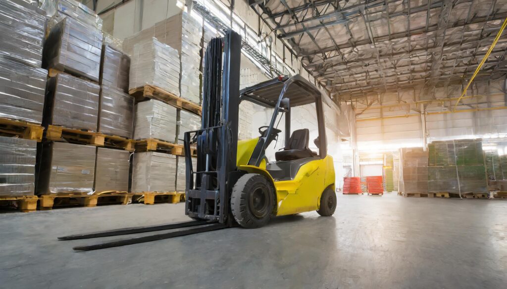 forklift in a neat warehouse full of pallet racking and product